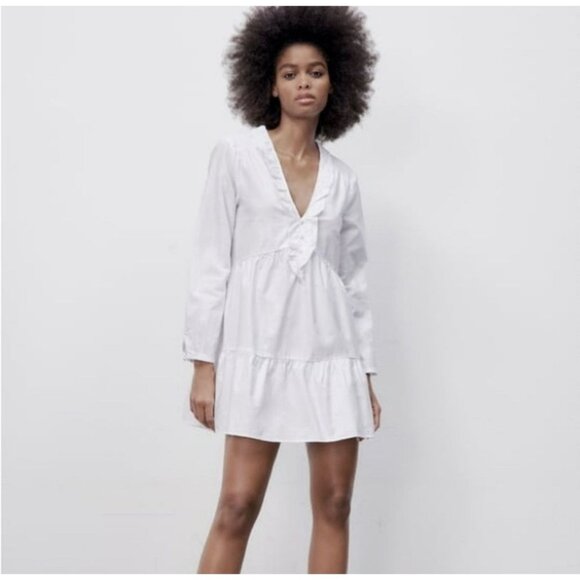 NWT ZARA White Cotton Ruffle Oxford Dress size Large V Neck Button Detail - Picture 1 of 11